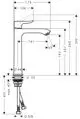 Einhebel-Waschtischmischer von Hansgrohe in Chrom. Technische Zeichnung mit Maßen und Details zur Installation und Funktion.